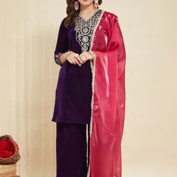 MOKOSH Women Ethnic Motifs Embroidered Regular Thread Work Velvet Kurta with Palazzos & With Dupatta-picture-23