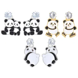 PRIVIU Set Of 3 Gold-Plated American Diamond Studded Panda Drop Earrings image 4