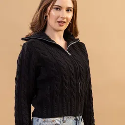 all about you Self Design High Neck Long Sleeves Woollen Cardigan image 3