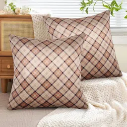 Tesmare Set of 2 Checked HD Printed Washable Velvet Square Cushion Covers image 3