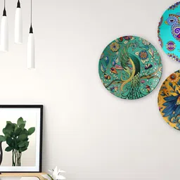 THE QUIRKY HOME Set Of 3 Green & Yellow Printed Ceramic Wall Plates image 2