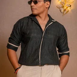 JAVINISHKA Men Relaxed Fit Textured Spread Collar Casual Shirt-image-34