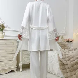 UDHATIKRAMAN Women White Satin Robe Night Suit with Lace Detailing image 2