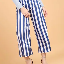 Popwings Women Striped Printed Smart Loose Fit Easy Wash Trousers-image-24