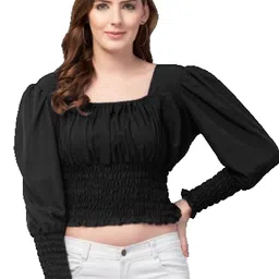 soni clothings MON FASHION COLLECTION Women Square Neck Smocked Crop Blouson Top image 1
