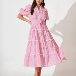 Burgstudio9 Women Striped Shirt Collar Puff Sleeve Tiered Cotton Fit & Flare Dress-image-8