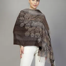 Mafadeny Floral Patterned and Beaded Shawl with Fringe Border-image-97