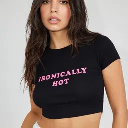 CORSICA Women Typography Printed Round Neck Cotton Crop Fitted Top-picture-23