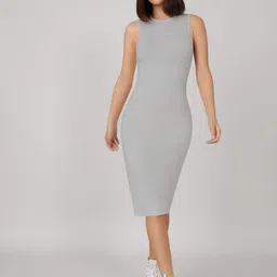CILIMILI Grey Solid Round Neck Stretchable Midi Bodycon Dress image 1