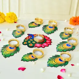 tgs Peacock Design Rangoli Tealight Candle Holders Diwali Decoration Set for Diwali Steel 9 - Cup Tealight Holder-picture-16