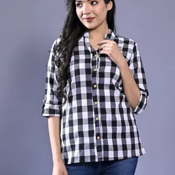 fabisho Women Regular Fit Checkered Mandarin Collar Casual Shirt-picture-17
