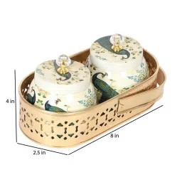 amaya decors Green Peacock Print Jars WIth basket Set of 2 image 2