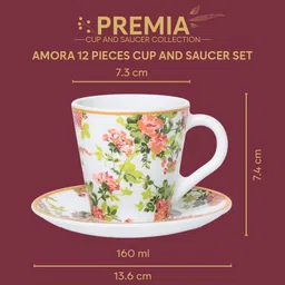 larah by borosil Pack of 12 Opalware Premia Series Amora 12pc 160ml Embossed Design Tea/Coffee Mug & Saucer Set image 4