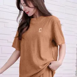 lugo Women Night Suit Set Brown Solid image 5