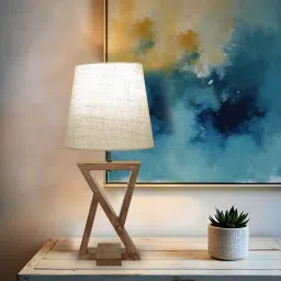 symplify Chloe Brown Wooden Table Lamp with White Jute Lampshade image 1