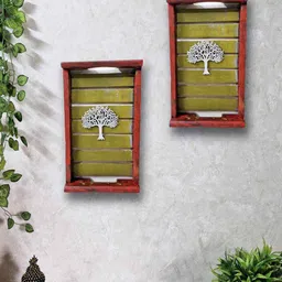 disoo fashions Red Colour Distress Look Sheesham Wood Handcarved Rectangular Set Of 2 Wall Art With Tree image 2