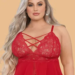 ZERJAMA Plus Size Criss-Cross Lace Halter Neck Baby Doll image 2