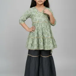 Biglilpeople Girls Floral Printed Tiered Thread Work Kurti with Sharara image 5