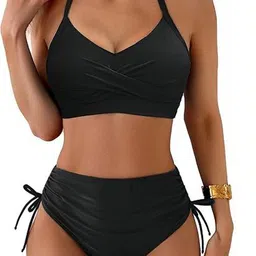 Toomley Women Twist-Front Tie-Up V-Neck Stretchable Swim Bikini Set-image-4