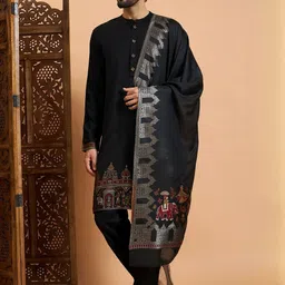 House of Pataudi Men Ethnic Motifs Woven Design Kurta with Trousers & Dupatta-image-50