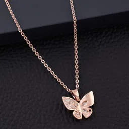 SOLIBELLE Rose Gold-Plated Artificial Stones Studded Butterfly Pendants With Chains-picture-39