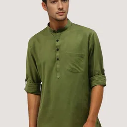 Antile zone Men Mandarin Collar Roll-Up Sleeves Pure Cotton Kurta-image-9