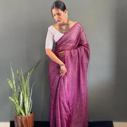 AQUILIQ Purple Ombre printed saree with solid border And Chikan Kari blouse Piece image 2