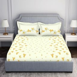 SPACES Essentials Cream Colored Floral Pure Cotton 130 TC Queen Bedsheet & 2 Pillow Covers-picture-3