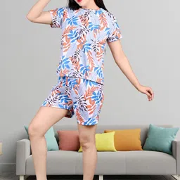 Clothus Women Orange Satin Printed Round Neck Short Sleeves Night suits image 1