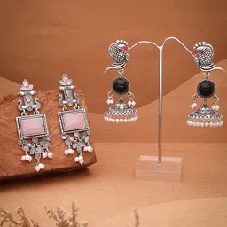 Anouk Set Of 2 Silver-Plated Artificial Stones and Beaded Contemporary Drop Earrings-image-50