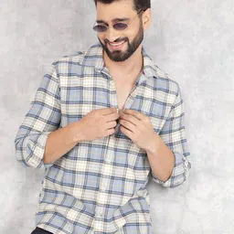 Crimsoune Club Men Smart Spread Collar Tartan Checked Cotton Slim Fit Casual Shirt image 1