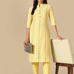KALINI Striped Mandarin Collar Thread Work Straight Kurta With Trousers-picture-17