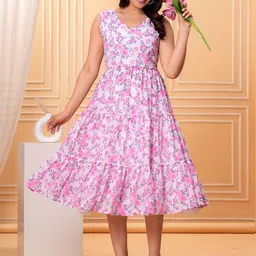 Bunai Dhaga Women Floral Print Gathered or Pleated Georgette Fit & Flare Midi Dress-picture-14