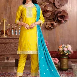 T4You Girls Ethnic Motifs Embroidered Regular Thread Work Kurta with Trousers & With Dupatta-picture-16