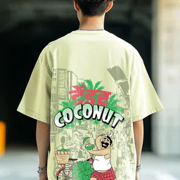 Bewakoof Men's Fog Green Coconut Graphic Printed Oversized T-shirt-picture-35