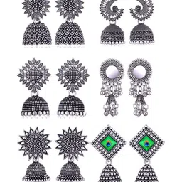 DIVASTRI Women Set of 6 Geometric Oxidized Jhumkas Earrings-picture-25