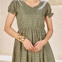 Chandbaali Women Floral Printed Gathered or Pleated Puff Sleeve Fit & Flare Midi Dress image 3