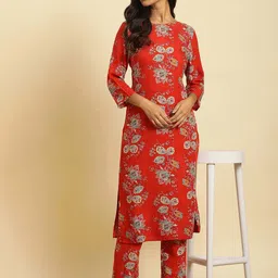 W Floral Printed Boat Neck Straight Kurta With Trousers-picture-28