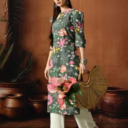 Anouk Rustic Floral Printed Round Neck Pure Cotton Straight Kurta image 5