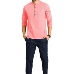 KNOWTED Band Collar Roll-Up Sleeves Straight Short Kurta image 2