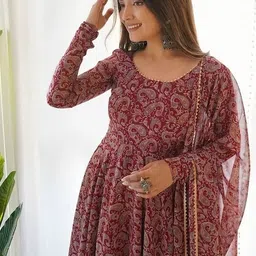 pmd fashion Women Floral Print, Geometric Print, Printed Silk Blend Anarkali Kurta With Attached Dupatta image 4