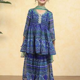 Biba Girls Ethnic Motifs Printed A-Line Kurti with Sharara & Dupatta-picture-13