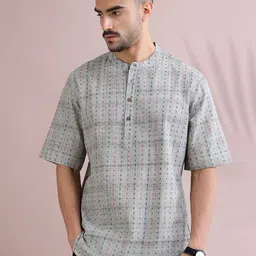 FILORI STUDIO Checked Mandarin Collar Pure Cotton Thread Work Kurta-image-38