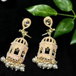 JOHARKAMAL Gold Plated Artificial Stones Studded And Beaded Dome Shaped Jhumkas image 4