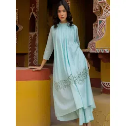 TERHA TAALI Floral Printed Pure Cotton Thread Work A-Line Kurta With Trousers-picture-21