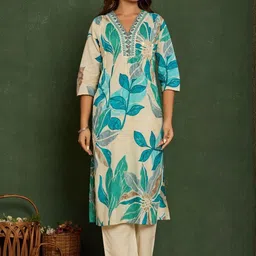 VASVI Women Floral Printed Regular Thread Work Pure Cotton Kurta with Trousers & Dupatta image 2