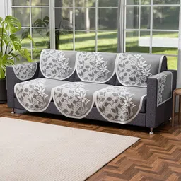 Kuber Industries Grey & White 16 Pieces Printed Cotton 5 Seater Sofa Cover With Arms image 4