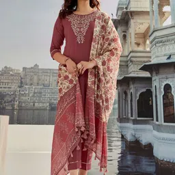 Foxent Women Floral Embroidered Cotton Kurta with Trousers & Dupatta-picture-33