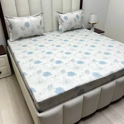 Pure Decor Grey & Blue Floral 250 TC Cotton Double Queen Bedsheet Set 2.28 m x 2.54 m-image-81