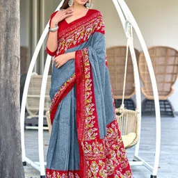 Moda Rapido Women Grey & Red Pure Cotton Batik Print Sarees-picture-25